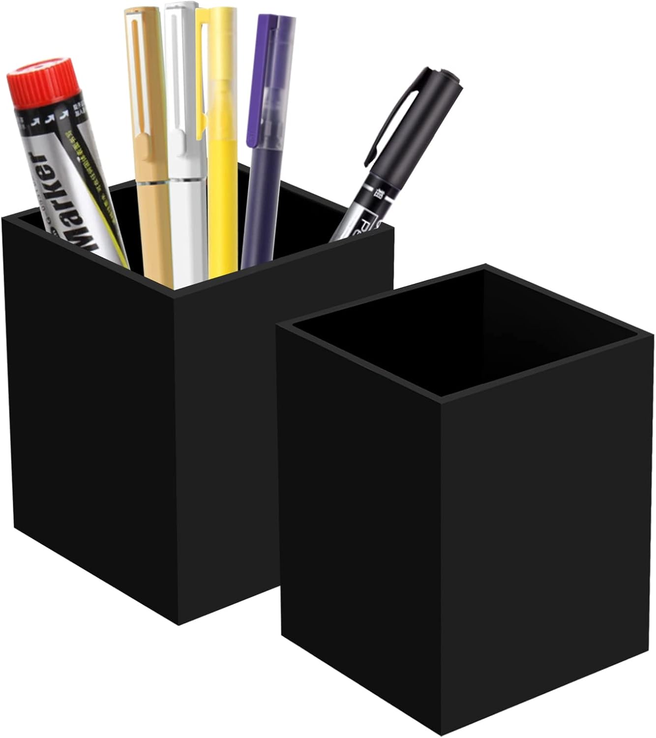 Ptaedex 2 Pack Acrylic Pen Pencil Holder, Black Makeup Brush Holder Cup Storage Office Desktop Desk Table Stationery Organizer