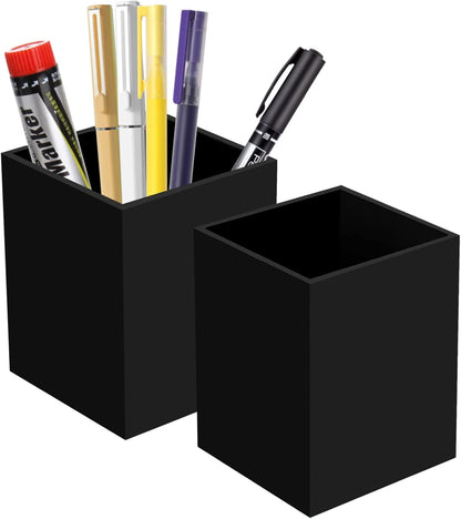 Ptaedex 2 Pack Acrylic Pen Pencil Holder, Black Makeup Brush Holder Cup Storage Office Desktop Desk Table Stationery Organizer