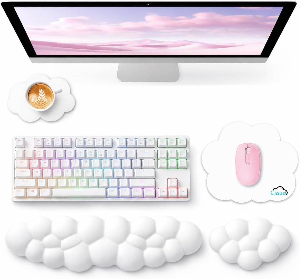 Sushret Cloud Wrist Rest for Computer Keyboard, 4-in-1 Memory Foam Leather Cloud Keyboard Wrist Rest and Mouse Pad Set with Ergonomic Support for Arm and Palm Cushion, Gaming/Work Setup, Rainbow