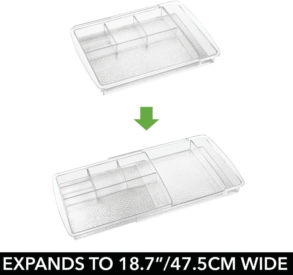 mDesign Expandable Makeup Organizer for Bathroom Drawers, Vanities, Countertops: Organize Makeup Brushes, Eyeshadow Palettes, Lipstick, Lip Gloss, Blush, Concealer - Adjustable Width, 2 Pack - Clear