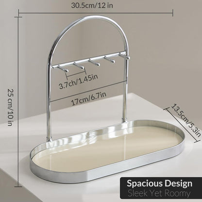 Shinpuru Metal Jewelry Organizer Stand & Key Holder Tray with Acrylic Base, Key Stand and Jewelry Tray with 5 Hooks, Perfect Key Bowl, Valet Key Tray, Ring Holder, Jewelry Dish (Silver Black)