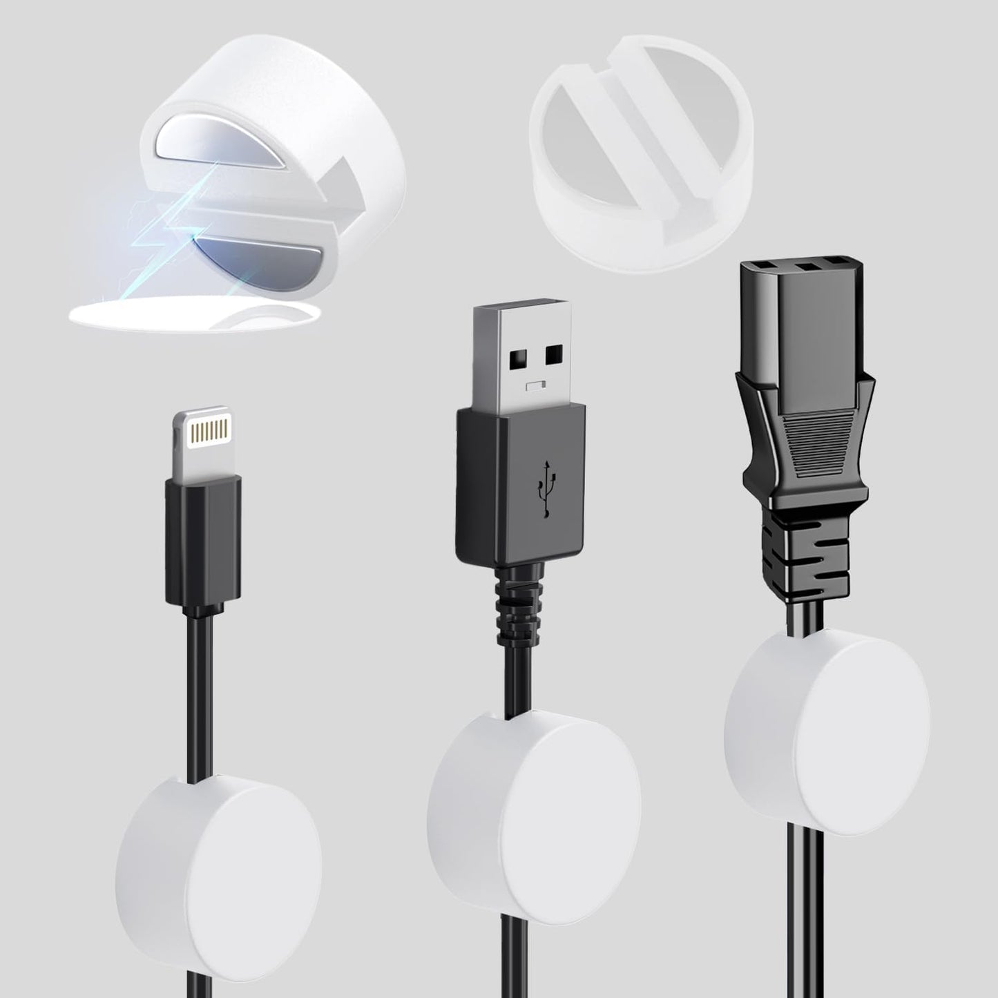 5-Pack Magnetic Cable Organizer Adhesive Cable Clips for Kitchen Nightstand Desk Table Metal Wall Steel, 5 Cord Clips + 5 Magnet Disc Base, White