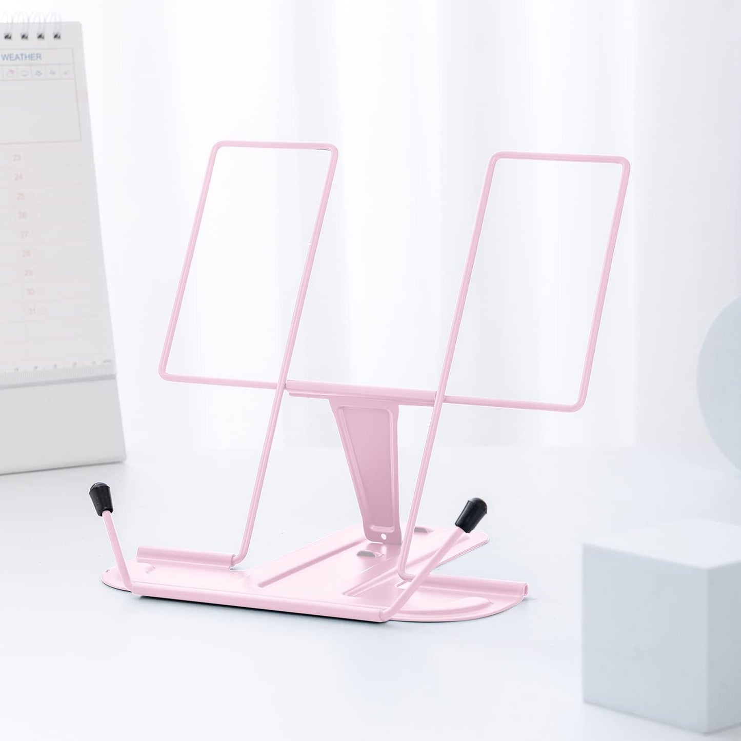 MSDADA Metal Book Stand for Desk, Adjustable Reading Rest Book Holder, Portable Cookbook Documents Holder, Sturdy Typing Stand for Recipes Textbooks Tablet Music Books with Page Clips (Macaron Pink)