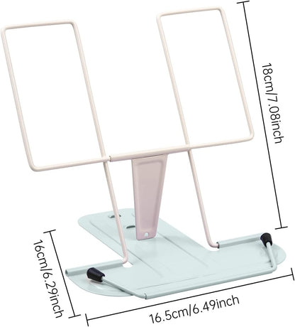 MSDADA Metal Book Stand for Desk, Adjustable Reading Rest Book Holder, Portable Cookbook Documents Holder, Sturdy Typing Stand for Recipes Textbooks Tablet Music Books with Page Clips (Macaron Pink)