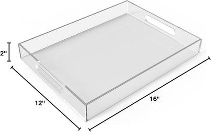 12"x16" Acrylic Serving Tray with Handles, Spill Proof Clear Decorative Tray, Lucite Tray for Coffee Table, Vanity, Makeup Organizer