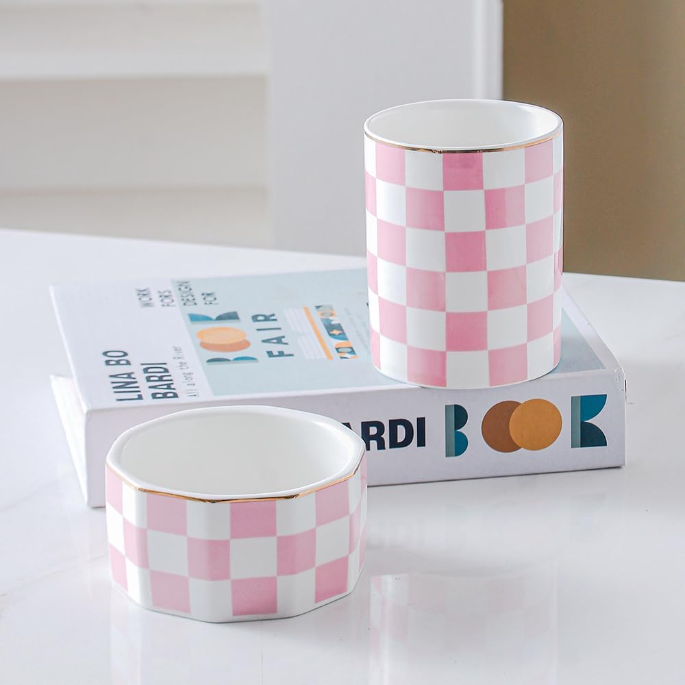 Aesthetic Desk Organizer Set of 2 For Office, Checkered Pen Holder and Paper Clip Holder Dispenser, Ceramic Cute Pencil Cup, Desktop Accessories, Office Decor, Ideal Gifts for Mom (Pink-White)