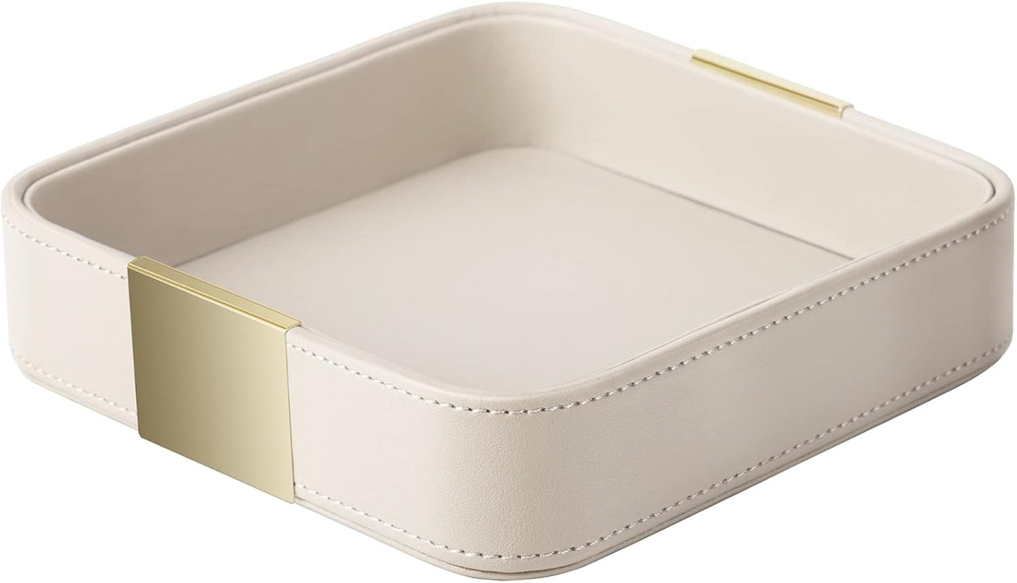 SANZIE Luxury Leather Desktop Storage Small Catchall Organizer Decorative Tray for Entryway Table to Hold Jewelry Watch Cosmetics Keys Phone Wallet, Home & Office Accessories (Metal Silvered, Black)