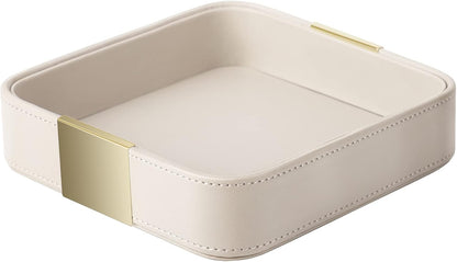 SANZIE Luxury Leather Desktop Storage Small Catchall Organizer Decorative Tray for Entryway Table to Hold Jewelry Watch Cosmetics Keys Phone Wallet, Home & Office Accessories (Metal Silvered, Black)