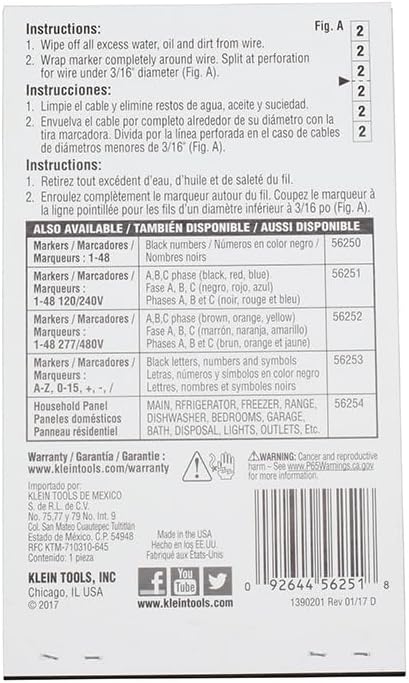 Klein Tools 56250 Wire Marker Book for Cable Management, Electric Panel Organization Wire Label Stickers, Numbered 1-48