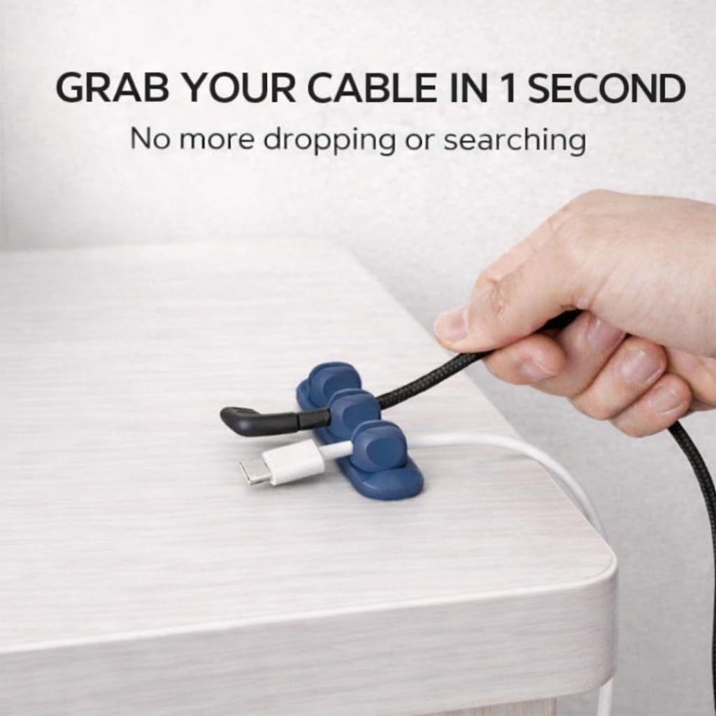 Magnetic Cable Organizer for Desk & Nightstand 3 Clip Cord Holder with One-Hand Access 3M Adhesive Cable Clips, N52 Magnetic Cord Holder for Phone, USB-C & Laptop Cables