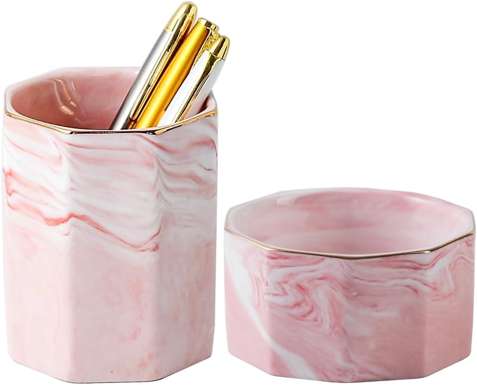 Aesthetic Desk Organizer Set of 2 For Office, Checkered Pen Holder and Paper Clip Holder Dispenser, Ceramic Cute Pencil Cup, Desktop Accessories, Office Decor, Ideal Gifts for Mom (Pink-White)
