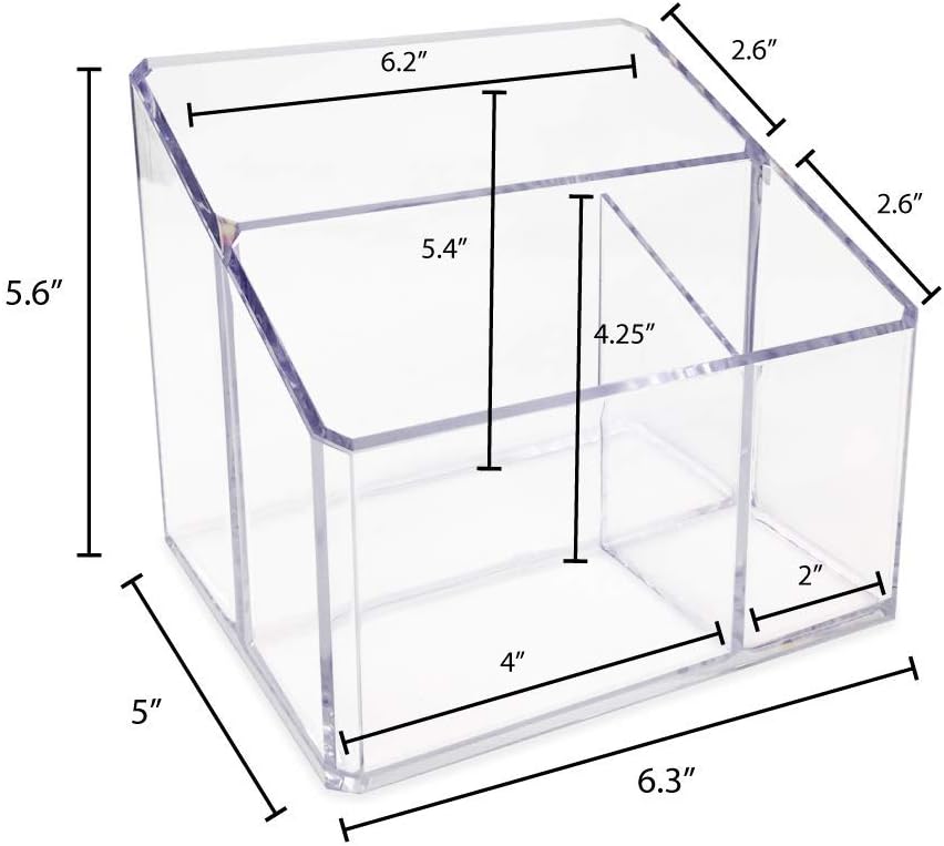 Isaac Jacobs Clear Acrylic 3-Compartment Organizer, Remote Holder & Multi-Functional Makeup, Brush, Pen & Pencil Storage Solution, for The Home, Bathroom, Office, Child’s Desk (3-Section, Clear)