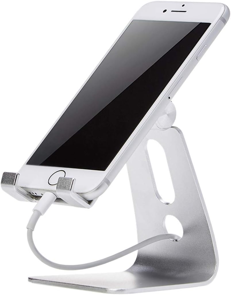 Amazon Basics Adjustable Aluminum Phone Stand for Cell Phones, iPhone and Android, Desktop Phone Holder with Adjustable Angle, Hands-Free Viewing, 3.15 x 2.87 x 3.74 inch, Silver