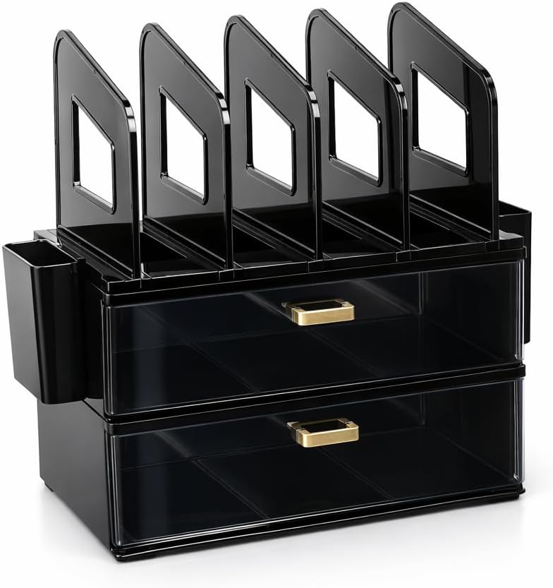 CiWiVOKi Desk Organizer with 2 Vertical File Holder, 4 Tier Stackable Paper Letter Tray File Organizer with 5-Compartments Pen Holder, Clear Desktop Organizer Office Organization and Storage