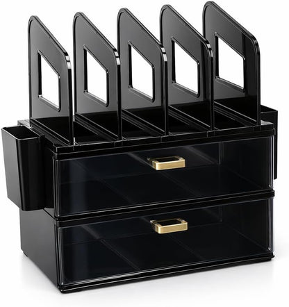 CiWiVOKi Desk Organizer with 2 Vertical File Holder, 4 Tier Stackable Paper Letter Tray File Organizer with 5-Compartments Pen Holder, Clear Desktop Organizer Office Organization and Storage