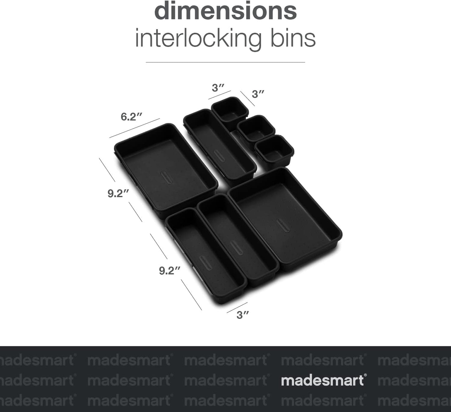 madesmart 8 Piece Interlocking Bin Pack, Customizable Drawer & Desk Organizer Set for Office, Kitchen, Bathroom & Tools, Durable Modular Storage Bins with Non-Slip Feet, Carbon