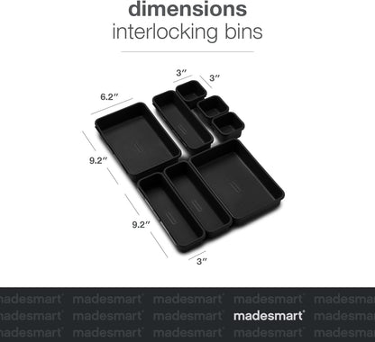 madesmart 8 Piece Interlocking Bin Pack, Customizable Drawer & Desk Organizer Set for Office, Kitchen, Bathroom & Tools, Durable Modular Storage Bins with Non-Slip Feet, Carbon