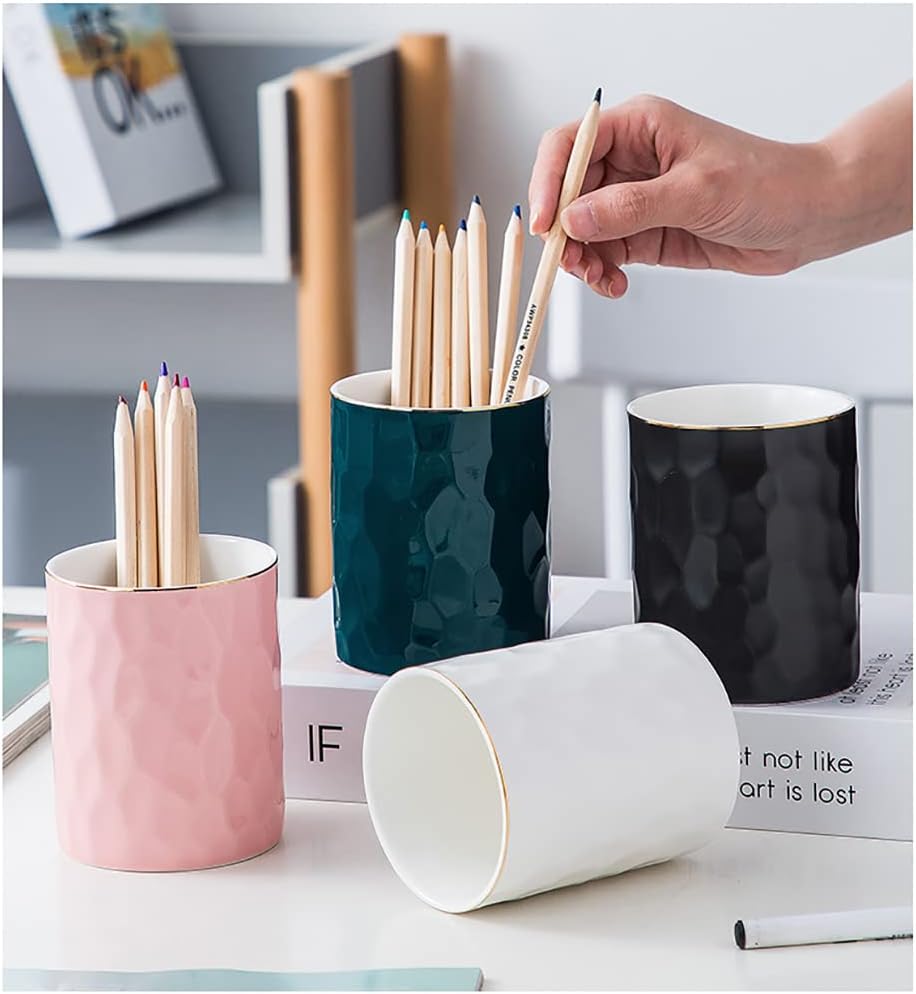 Ceramic Pen Holder Stand Cup Pencil Holder Organizer Makeup Brush Holders for Home Office Desk (White)