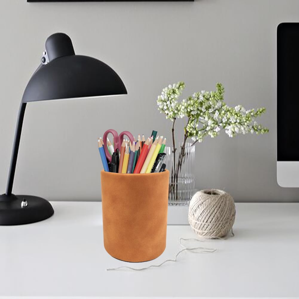 Leather Pen Holder, Brown Pencil Holder, Desktop Elegant Pen Holder for Desk, Stationery Organizer for School Office Home Dorm (3.3" x 3.3" x 4", Brown)