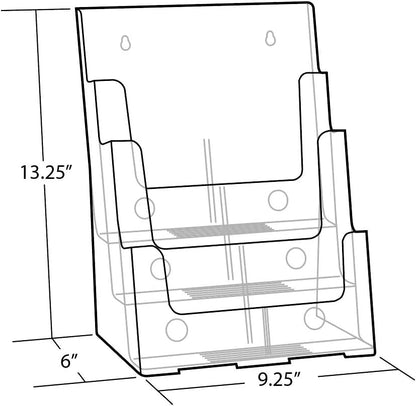 Azar Displays 252378, Brochure Holder, Acrylic Desk Organizer, Three Tier Document, Magazine & Sign Holder, Wall Mount Desk Accessories, Literature Display Stand, Divider for 4" Pamphlets, 8.5"x11"
