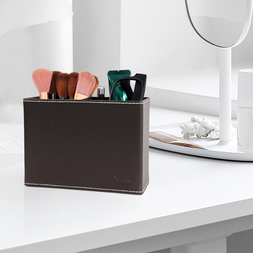 Leather Pen Holder, Brown Pencil Holder, Desktop Elegant Pen Holder for Desk, Stationery Organizer for School Office Home Dorm (3.3" x 3.3" x 4", Brown)