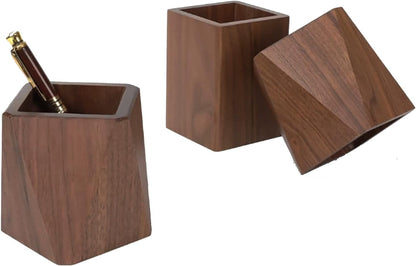 Black Walnut Wooden Pencil Box, Multiple-Use Desk Writing Stationary Organizer Wood Pen Holder Cups Office School Supplies Storage (Prismatic Shape)