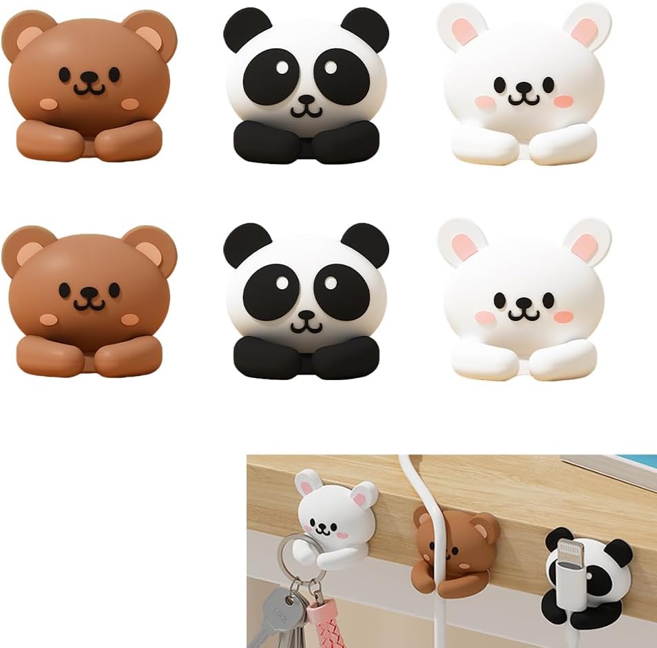 6pcs Cute Animal Cable Organizer Adorable Panda Rabbit Bear Shaped Cable Clips Desk Cable Management Cord Holder for Nightstand Headphones Chargers USB Cables