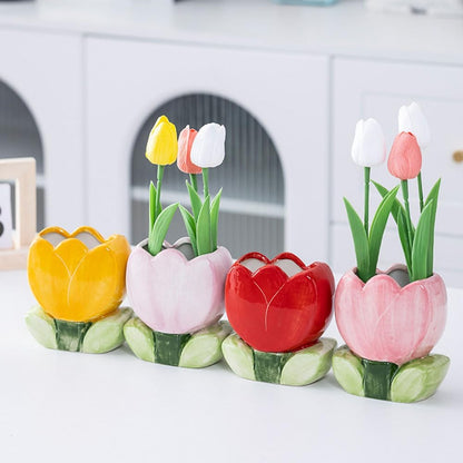 AMZWISH Pink Pen Holder, Ceramic Tulip Flower Design Makeup Brush Holder Stand for Countertop, Vanity Table, Desk Organizer for Bathrooms, Kitchens, Office