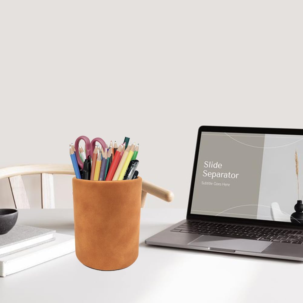 Leather Pen Holder, Brown Pencil Holder, Desktop Elegant Pen Holder for Desk, Stationery Organizer for School Office Home Dorm (3.3" x 3.3" x 4", Brown)