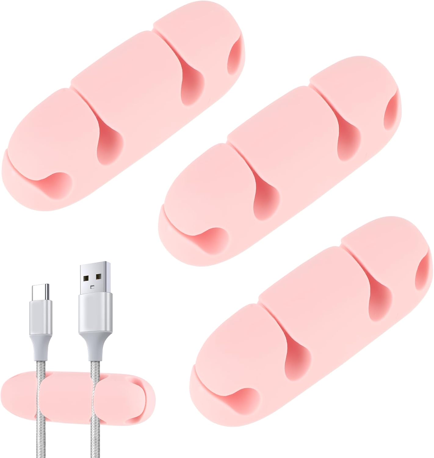 Mabor 3PCS Cable Clips Cord Wire Organizer Electrical Cable Management Holders 4 Hole Silicone Cable Harness USB Charging Accessory Cute Cable Holder for Office and Home Desk (Pink)