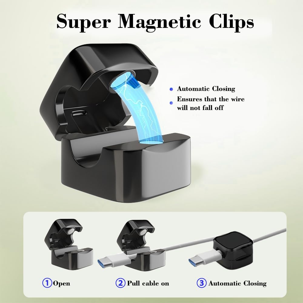 6-Pack Magnetic Cable Clips Cord Organizer-Cable Smooth Adjustable, Desk Cable Management Accessories, Wire Holder Keeper for Desktop,Nightstand,Home Office,Workspace,Phone-Black