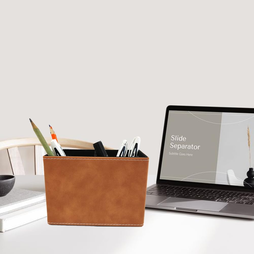 Leather Pen Holder, Brown Pencil Holder, Desktop Elegant Pen Holder for Desk, Stationery Organizer for School Office Home Dorm (3.3" x 3.3" x 4", Brown)