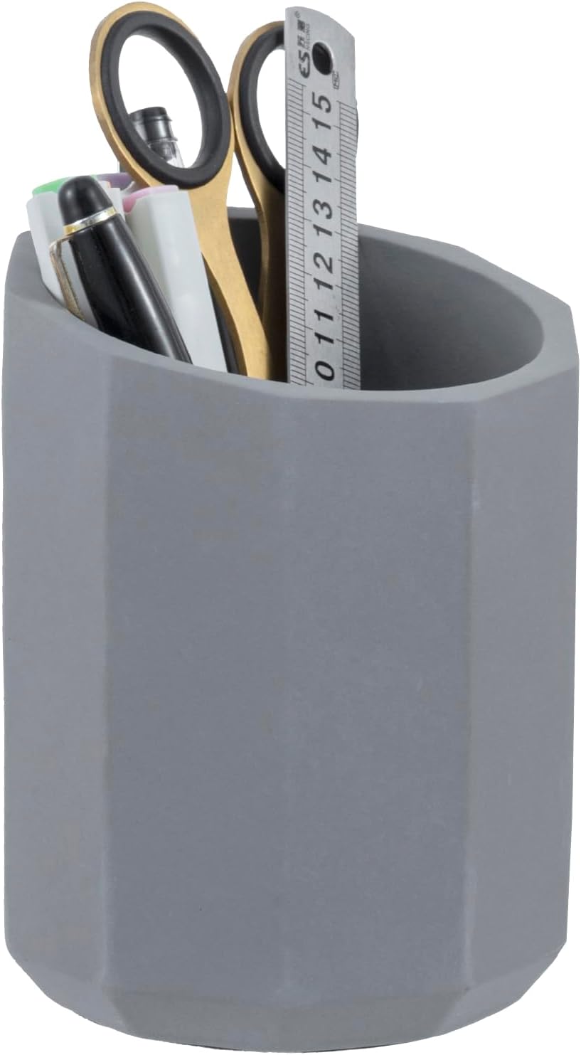 MyGift Pen Holder Pencil Holder For Desk Desktop Pen Cup Holder Gray Concrete 3.5 Inch Round Modern Office Desk Organizer