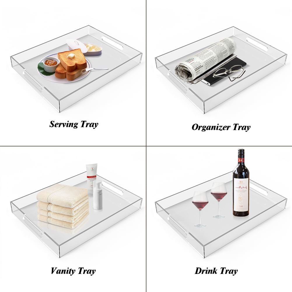 12"x16" Acrylic Serving Tray with Handles, Spill Proof Clear Decorative Tray, Lucite Tray for Coffee Table, Vanity, Makeup Organizer