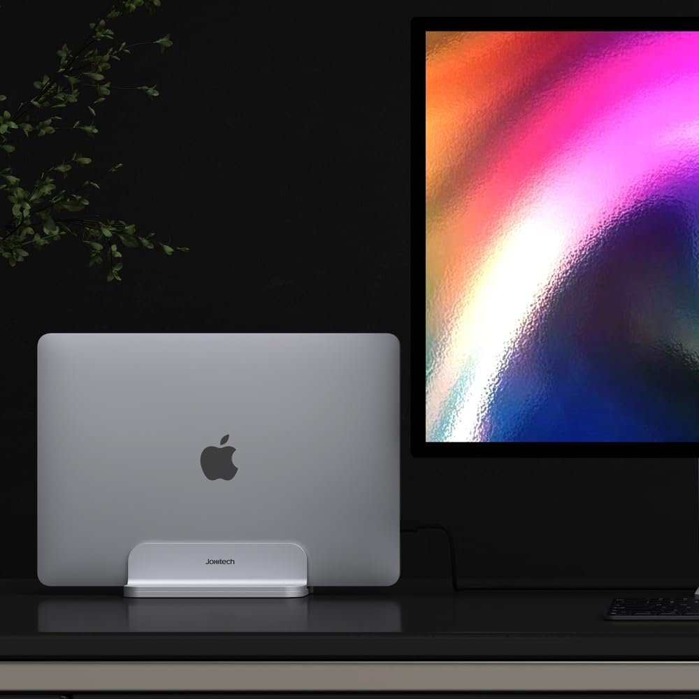 JOKItech Aluminum Laptop Vertical Stand Organizer, Sturdy Laptop Computer Holder Desktop Stand Compatible with new Retina Apple MacBook Pro/Air/Neo, Mac mini & iPad Pro - Black
