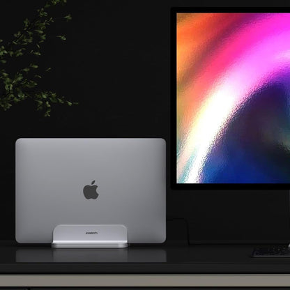 JOKItech Aluminum Laptop Vertical Stand Organizer, Sturdy Laptop Computer Holder Desktop Stand Compatible with new Retina Apple MacBook Pro/Air/Neo, Mac mini & iPad Pro - Black