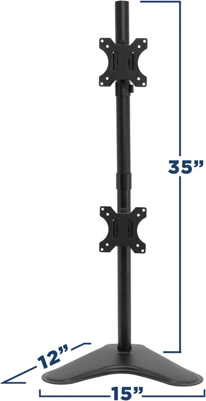 Mount-It! Vertical Dual Monitor Stand, Stacked Desk Mount Fits Two 13–32 Inch Screens up to 17.6 lbs Each, Height Adjustable Free Standing Pole with Tilt Swivel Rotate, Ergonomic VESA Riser, Black