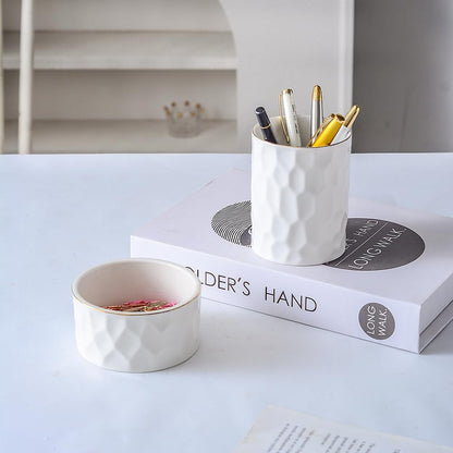 Ceramic Aesthetic Pen Holder for Desk Cute White Pencil Holder Cup Pot Desk Organizer Office Supplies - Stylish Office Decor, Makeup Brush Holder,Toothbrush Holder (White)