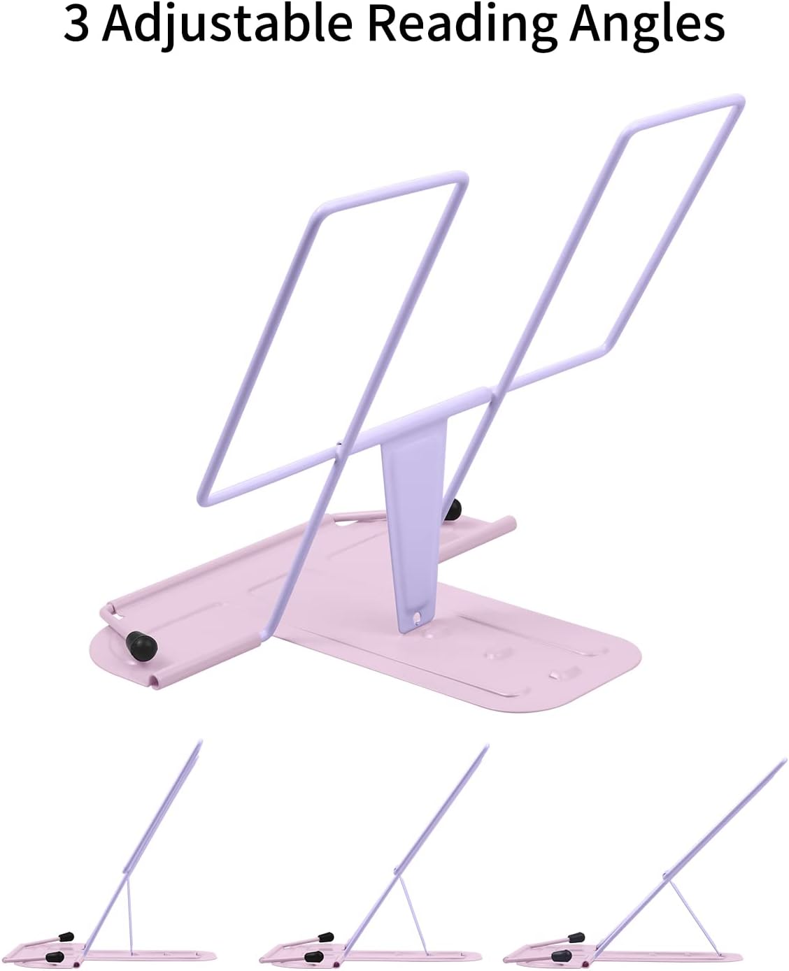 MSDADA Metal Book Stand for Desk, Adjustable Reading Rest Book Holder, Portable Cookbook Documents Holder, Sturdy Typing Stand for Recipes Textbooks Tablet Music Books with Page Clips (Macaron Pink)