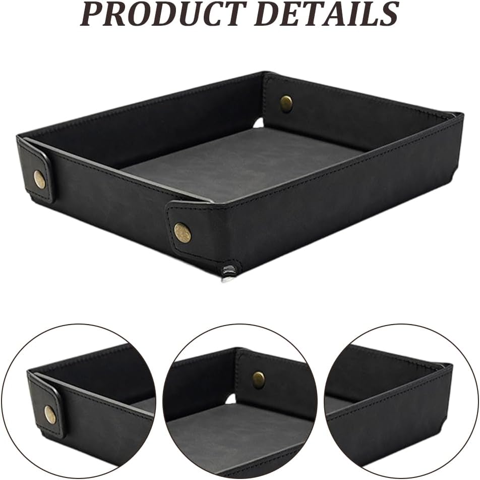 Portable PU Leather Valet Tray for Travel Foldable Leather Jewelry Storage Case Catchall Dish Plate Necklace Black Pendant Organizer Holder Container for Men Women Desk Bedside Drawers