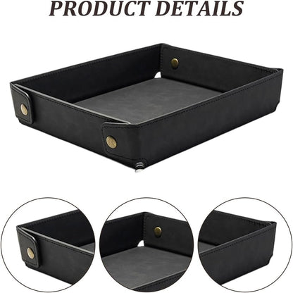 Portable PU Leather Valet Tray for Travel Foldable Leather Jewelry Storage Case Catchall Dish Plate Necklace Black Pendant Organizer Holder Container for Men Women Desk Bedside Drawers