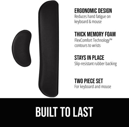 GORILLA GRIP Silky Memory Foam Wrist Rest for Computer Keyboard, Mouse, Ergonomic Design for Typing Pain Relief, Desk Pads Support Hand and Arm, Mousepad Rests, Stain Resistant, 2 Piece Pad, Black