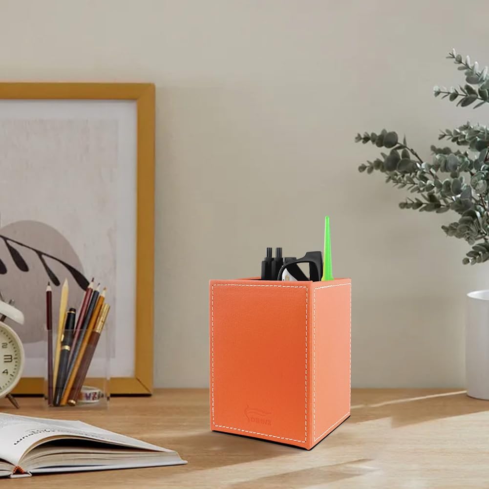 Leather Pen Holder, Brown Pencil Holder, Desktop Elegant Pen Holder for Desk, Stationery Organizer for School Office Home Dorm (3.3" x 3.3" x 4", Brown)
