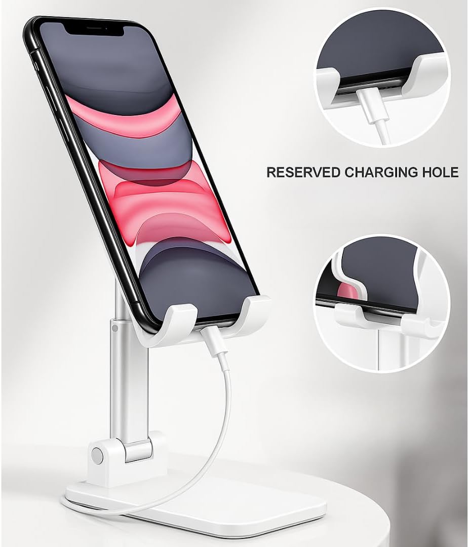 Premium Adjustable Cell Phone Stand, Foldable Desk Phone Holder for iPhone 16 15 14 13 12 11 Pro Max, Galaxy S25 S24 (White)