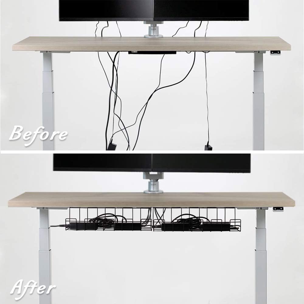2 Packs Cable Management Tray, 16" Under Desk Organizer for Wire Organization, Metal Holder for Desktop Computer Home Office Kitchen Workstation to Cover and Hide Power Strips (Black)