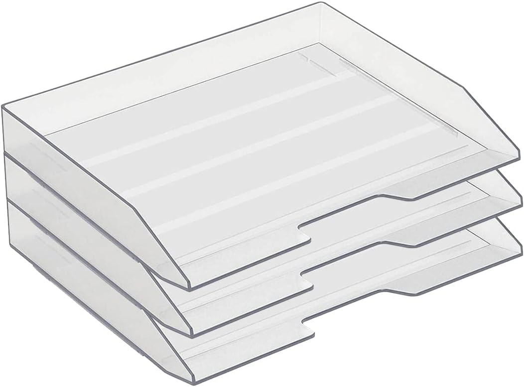 Acrimet 3 Tier Paper Organizer Letter Tray – Plastic Stackable Desk File Organizer, Side Load Paper Sorter for Letter/A4 Office File Folder Holder – Clear Crystal