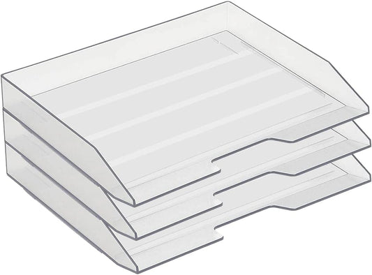 Acrimet 3 Tier Paper Organizer Letter Tray – Plastic Stackable Desk File Organizer, Side Load Paper Sorter for Letter/A4 Office File Folder Holder – Clear Crystal
