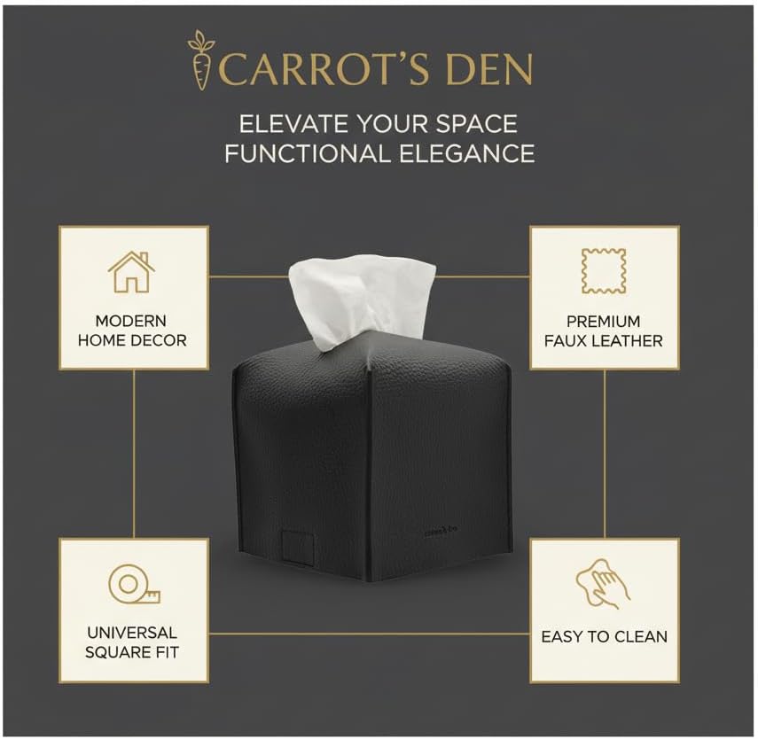 Tissue Box Cover Holder, Square with Bottom Belt by Carrot's Den - PU Leather Decorative Organizer for Tabletop, Bathroom, Car, Office | Beige