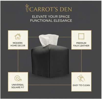 Tissue Box Cover Holder, Square with Bottom Belt by Carrot's Den - PU Leather Decorative Organizer for Tabletop, Bathroom, Car, Office | Beige