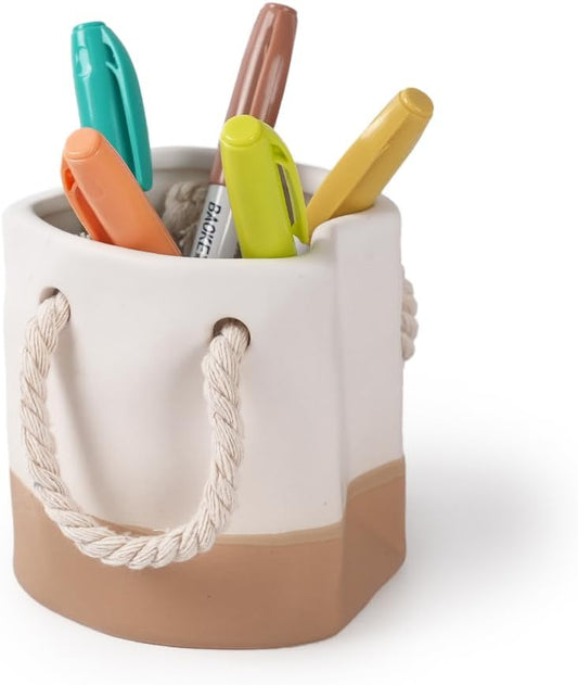 Ceramic Pen Holder, Cute Pen Holder for Desk, Pencil Holder Stand Makeup Brush Holder for School, Home, Office Desk(White Sepia)